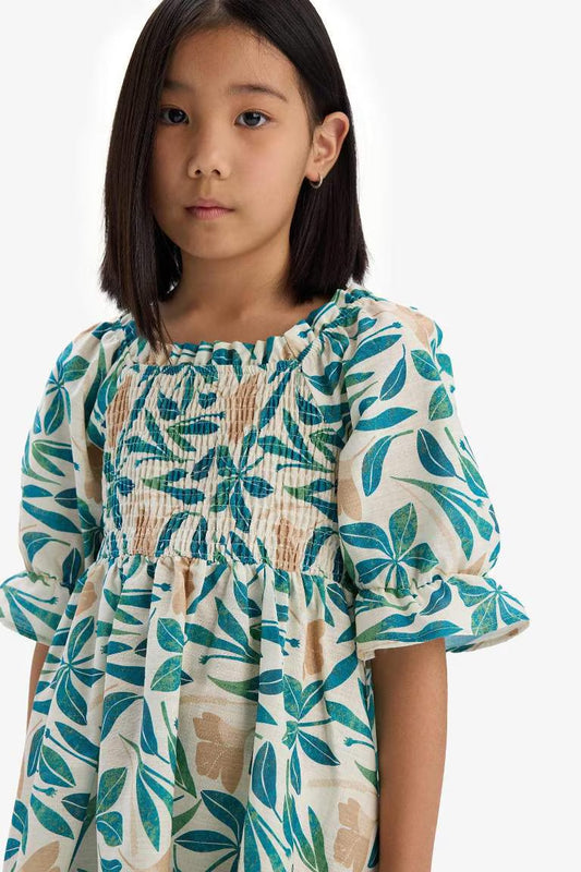 Girl Patterned Cotton Short Sleeve Dress - - Beige