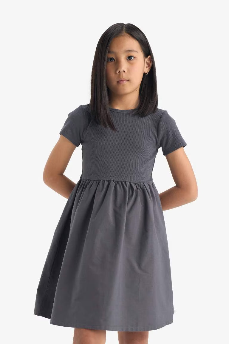 Girl Crew Neck Corduroy Short Sleeve Dress - -