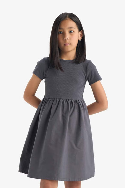 Girl Crew Neck Corduroy Short Sleeve Dress - -