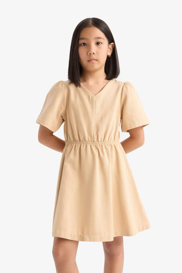 Girl Standard Fit V Neck Gabardine Short Sleeve Dress - - Beige
