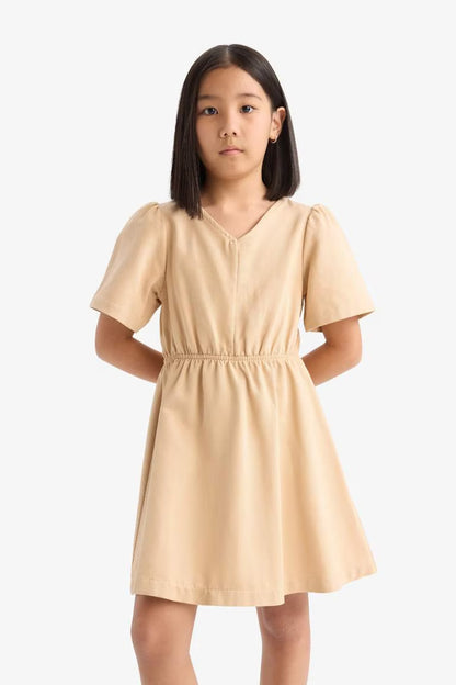Girl Standard Fit V Neck Gabardine Short Sleeve Dress - - Beige