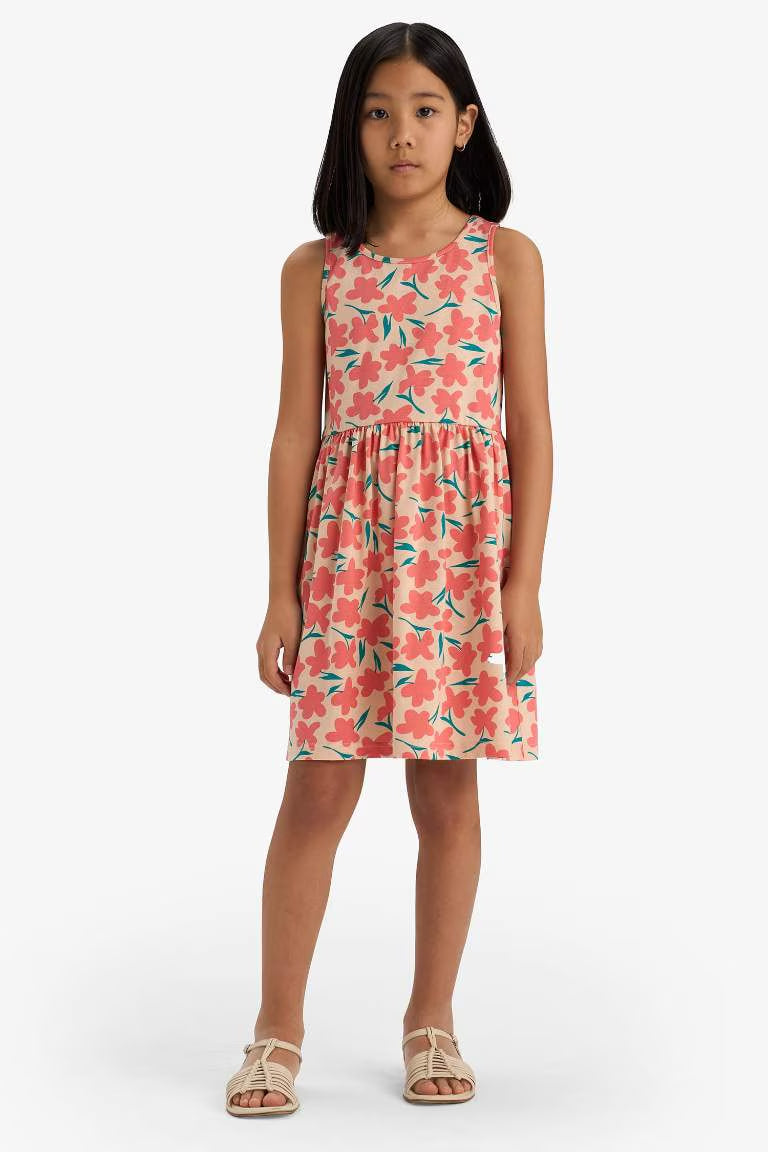 Girl Patterned Sleeveless Dress - - Salmon