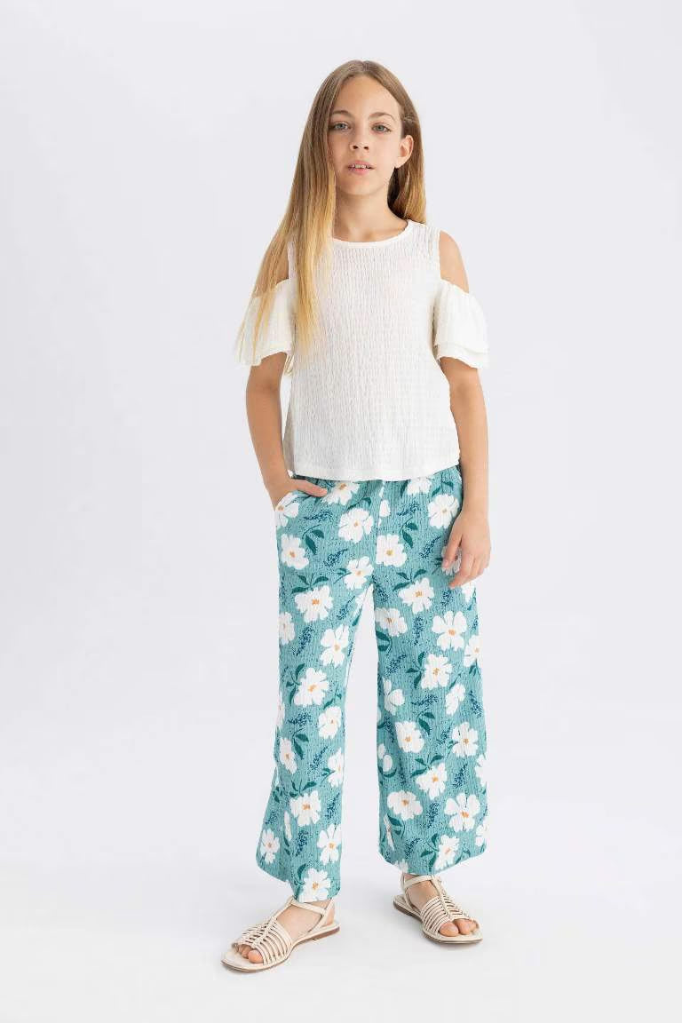 Girl Wide Leg Floral Wrinkled Trousers - -