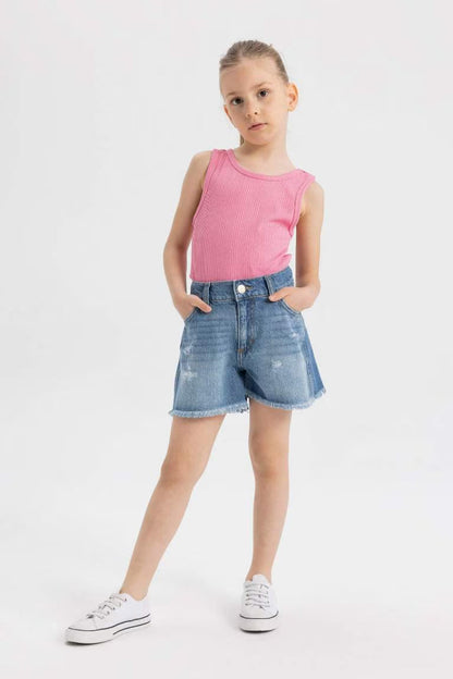 Girl Ripped Detailed Denim Shorts - - sky