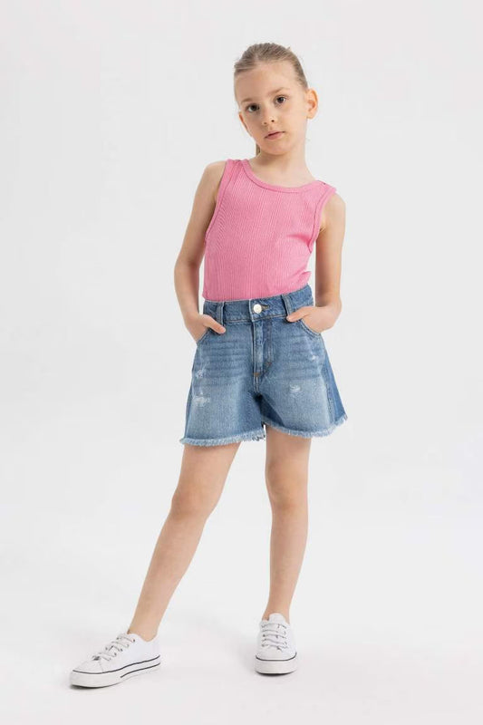 Girl Ripped Detailed Denim Shorts - - sky