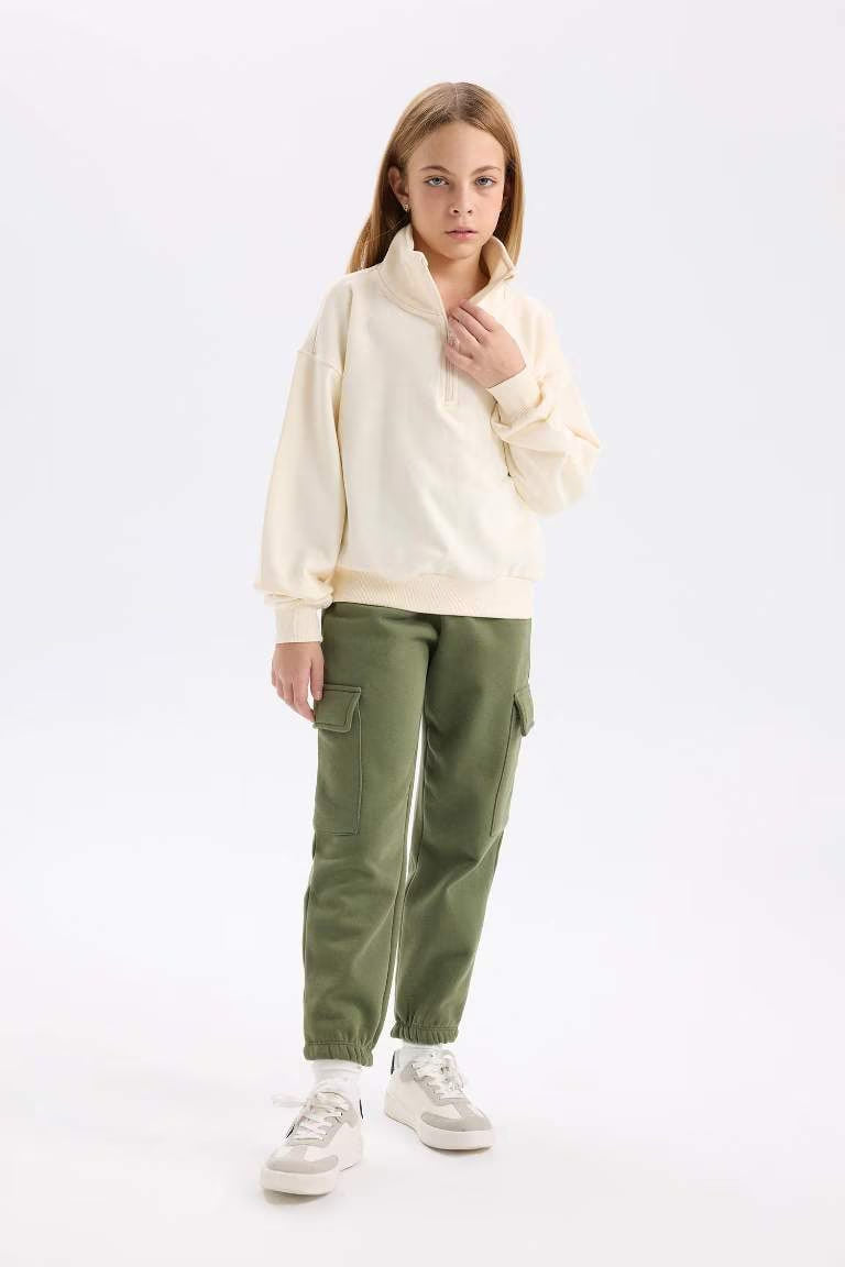 Girl Elastic Waist Leg Cargo Sweatpants - - olive green