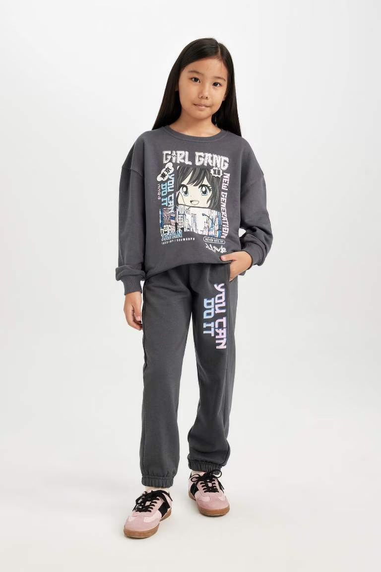Girl Printed Elastic Waist Pocket Jogger Sweatpants - - anthracite