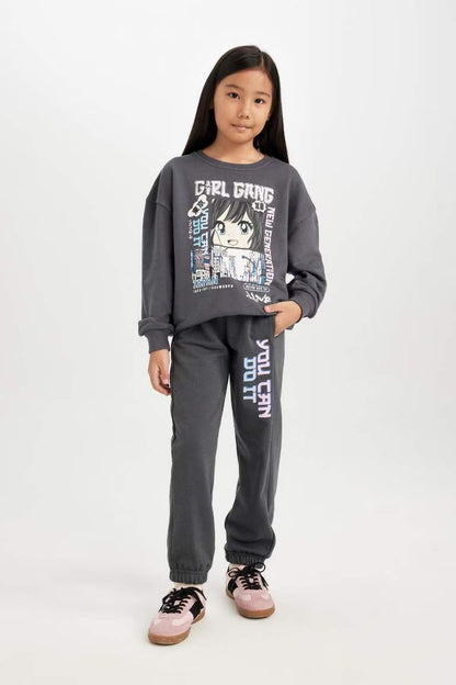 Girl Printed Elastic Waist Pocket Jogger Sweatpants - - anthracite