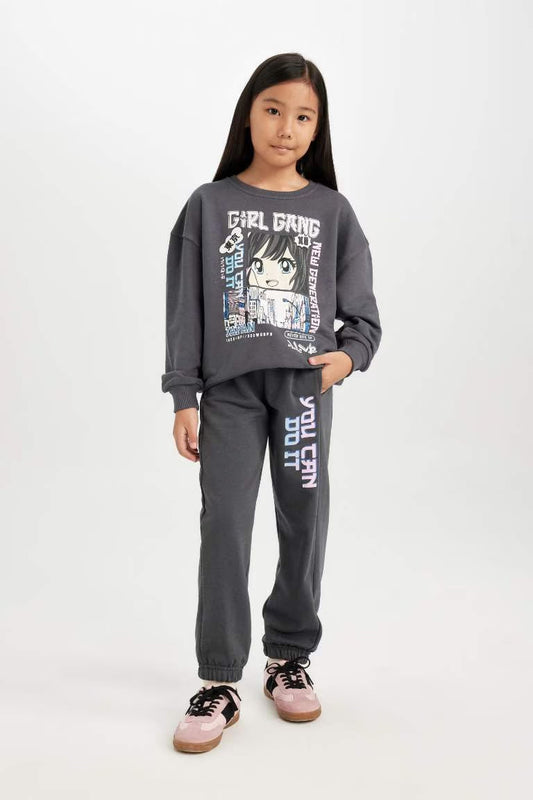 Girl Printed Elastic Waist Pocket Jogger Sweatpants - - anthracite
