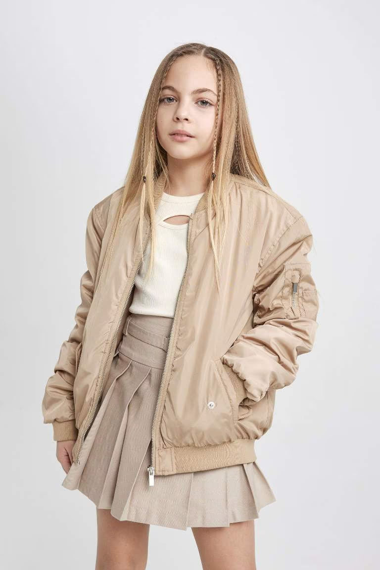 Girl Bomber Collar Waterproof Puffer Jacket - - dune