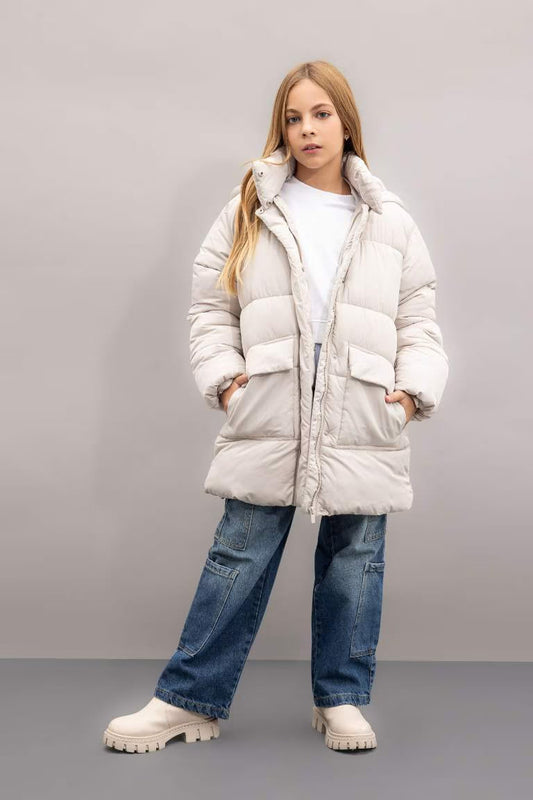 Girl Hooded Fleece Lined Waterproof Puffer Jacket - - stone