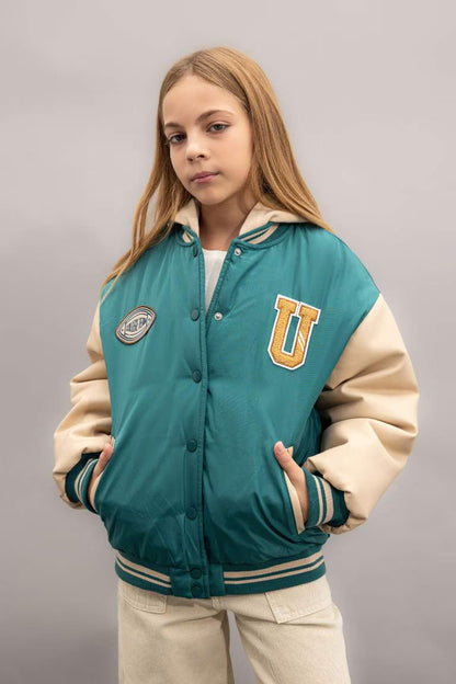 Girl Removable Hooded College Collar Bomber Jacket - - Greenstone
