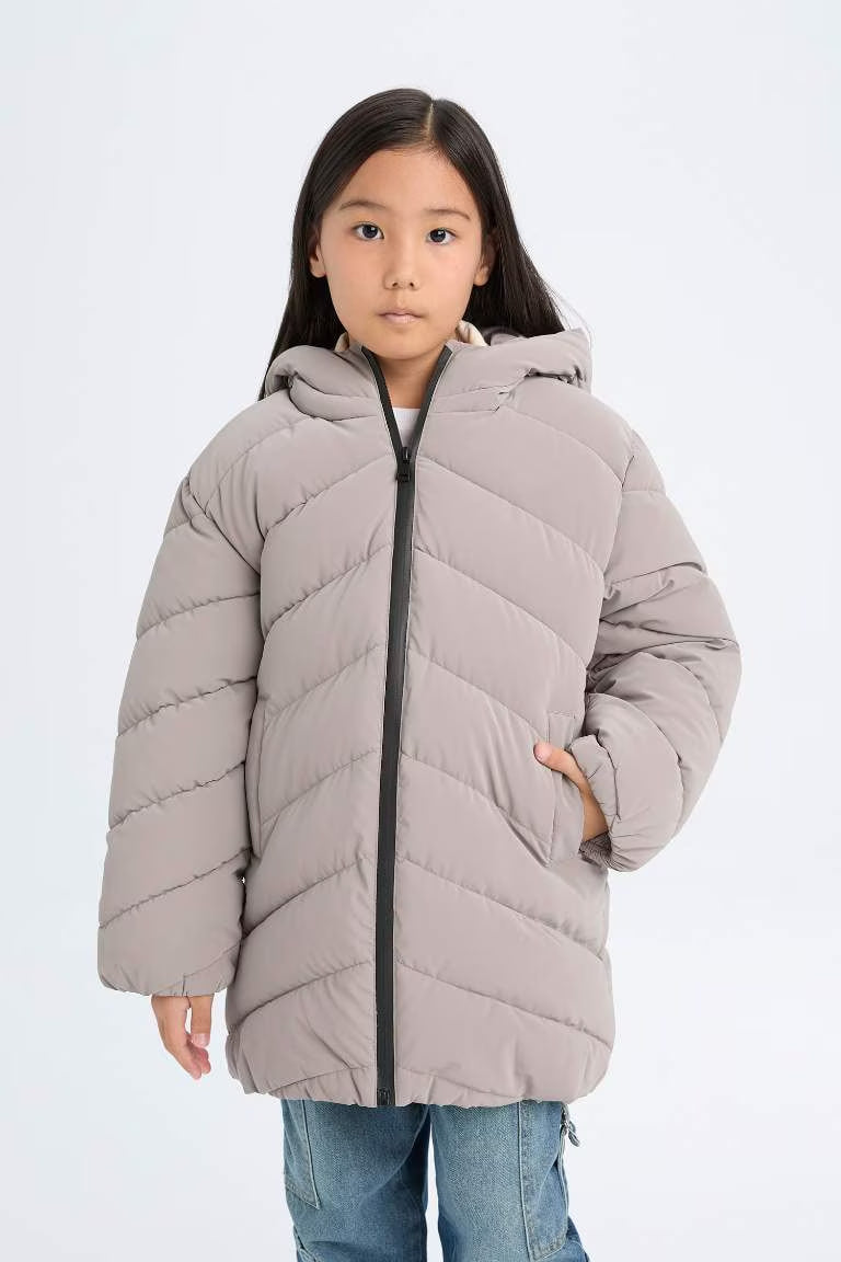Girl Hooded Waterproof Puffer Jacket - - Gray