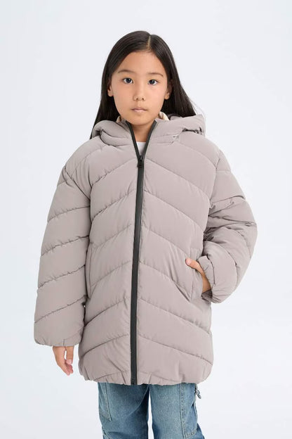 Girl Hooded Waterproof Puffer Jacket - - Gray