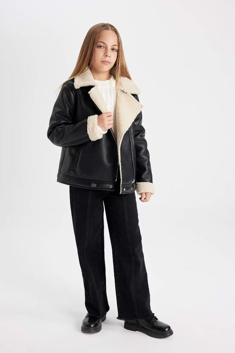 Girl Waterproof Jacket Collar Plush Lining Faux Leather Jacket - -