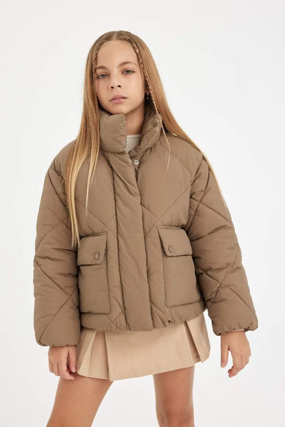 Girl Stand Collar Pocket Waterproof Puffer Jacket - - camel