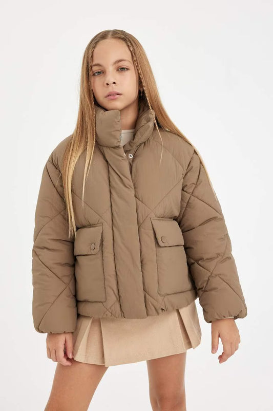 Girl Stand Collar Pocket Waterproof Puffer Jacket - - camel
