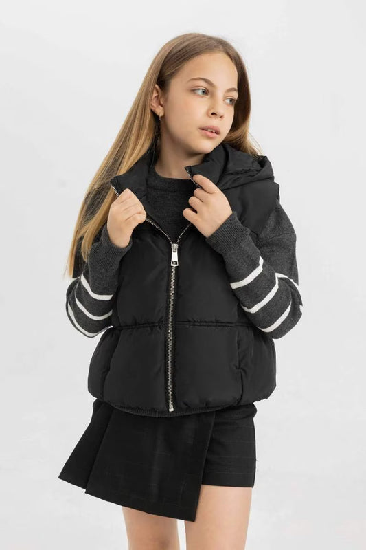 Girl Waterproof Hooded Puffer Vest - - Black