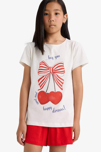 Girl Printed Short Sleeve Top Shorts 2 Piece Pajama Set - - Ecru