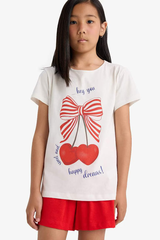 Girl Printed Short Sleeve Top Shorts 2 Piece Pajama Set - - Ecru