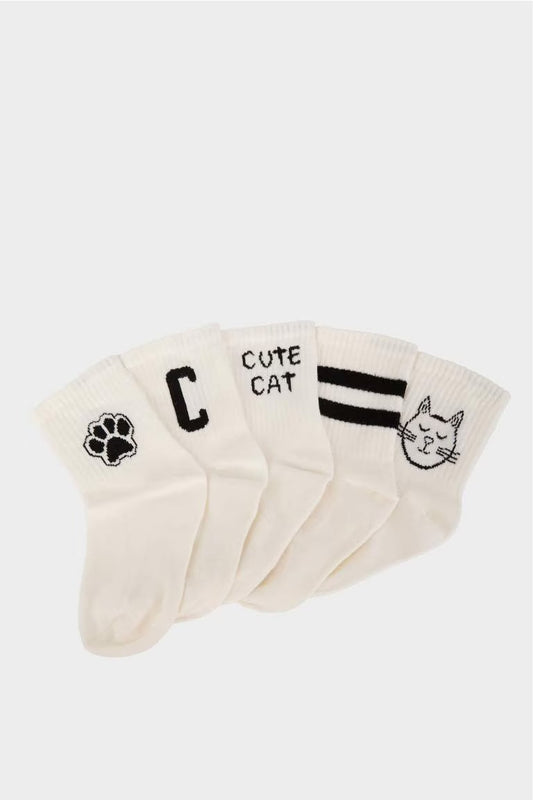 Girl Comfortable Elastic 5 Piece Cotton Long Socks - - White