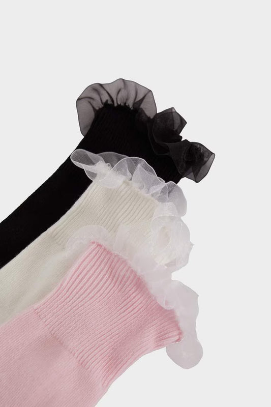 Girl 3 Piece Cotton Long Socks - -