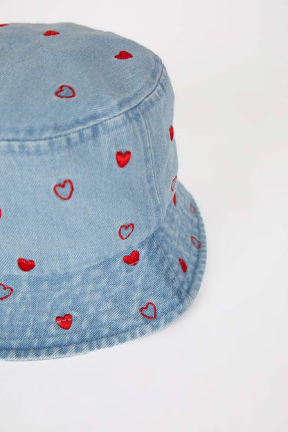 Girl Heart Denim Bucket Hat - -