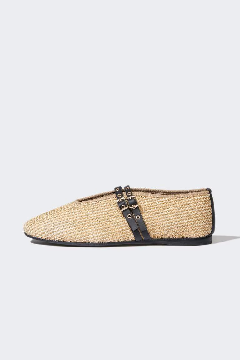 Girl Straw Detailed Ballerina Flat Shoes - -