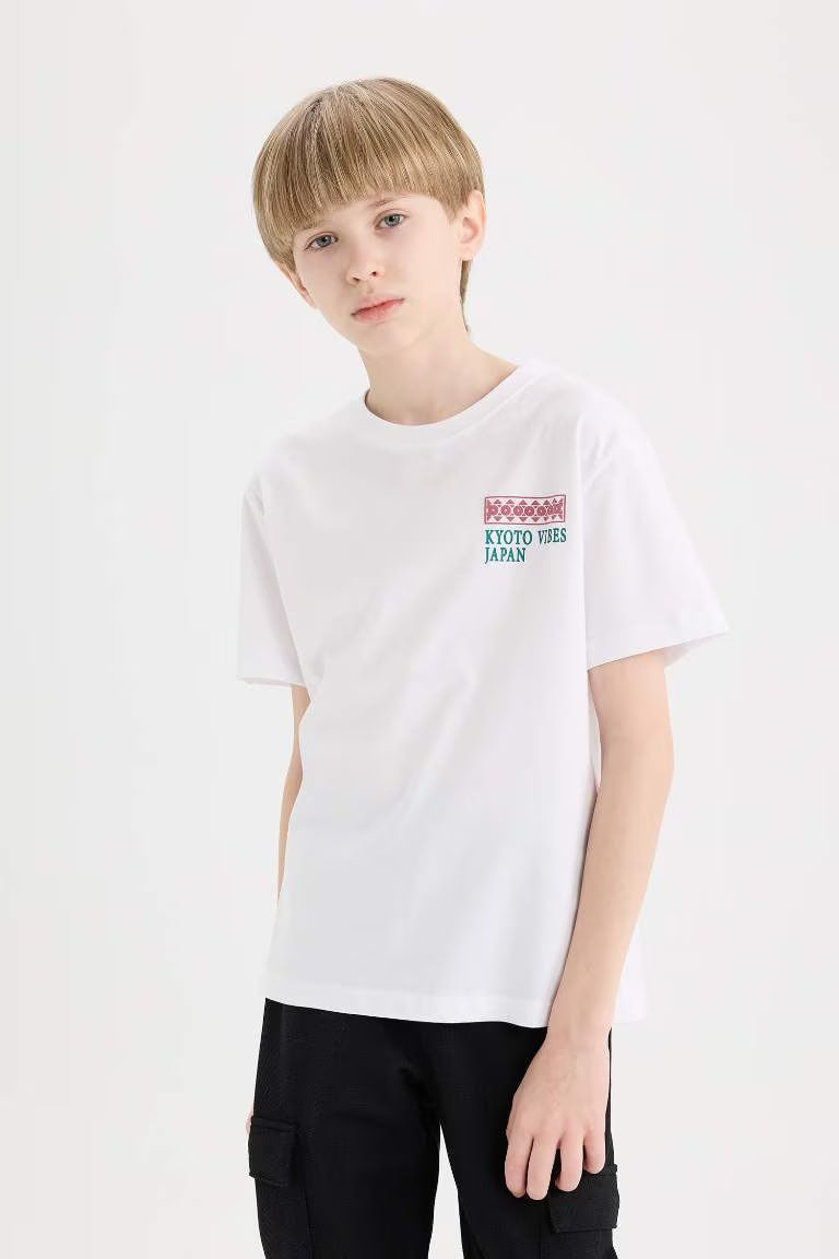 Boy Crew Neck Back Printed Short Sleeve T-Shirt - -