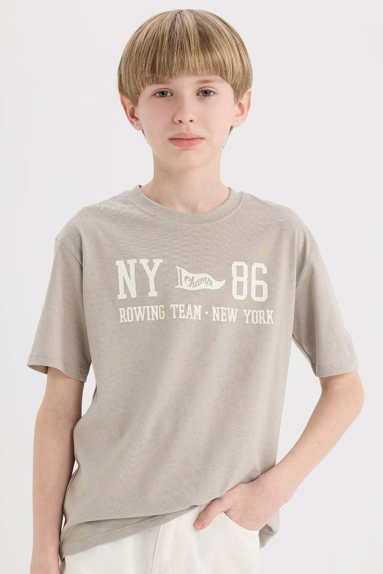 Boy Crew Neck Back Printed Short Sleeve T-Shirt - - Gray