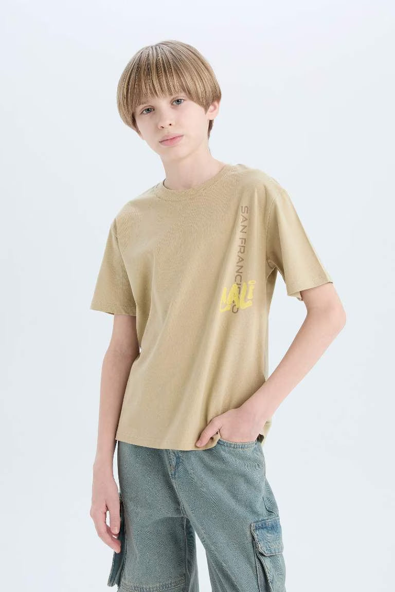 Boy Crew Neck Back Printed T-Shirt - - khaki