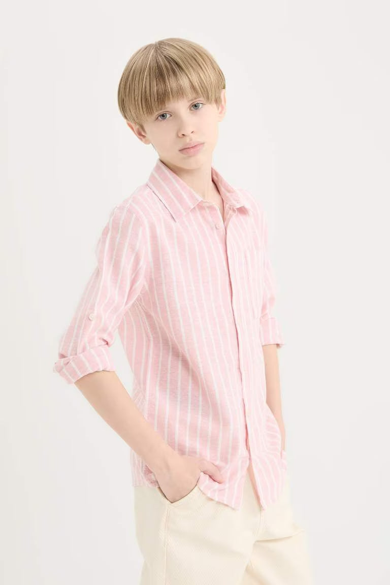 Boy Regular Fit Polo Collar Striped Linen Blend Shirt - -