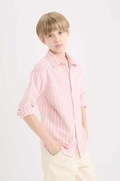 Boy Regular Fit Polo Collar Striped Linen Blend Shirt - -
