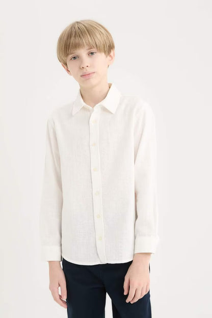 Boy Polo Collar Linen Look Long Sleeve Shirt - -
