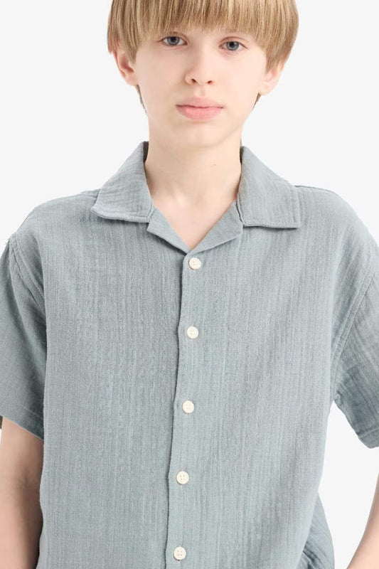 Boy Oversize Fit Polo Neck Muslin Shirt - - Mat Mavi