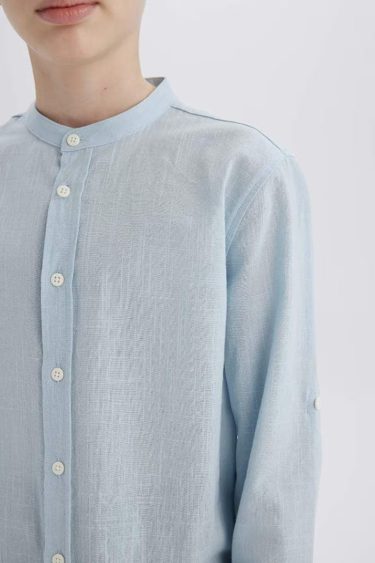 Boy Regular Fit Stand-up Collar Linen Look Shirt - -