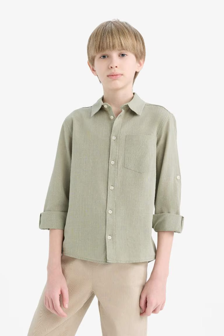 Boy Polo Neck Linen Look Long Sleeve Shirt - - Greenstone