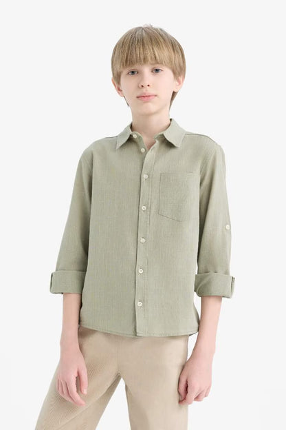 Boy Polo Neck Linen Look Long Sleeve Shirt - - Greenstone