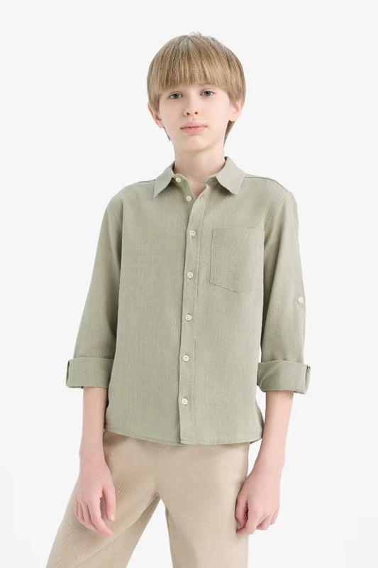 Boy Polo Neck Linen Look Long Sleeve Shirt - - Greenstone