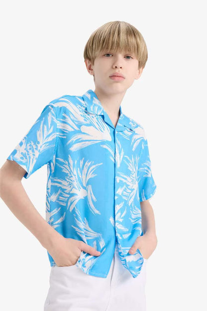 Boy Oversize Fit Polo Neck Floral Viscose Shirt - -