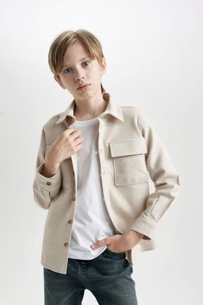 Boy Regular Fit Polo Neck Long Sleeve Beige Shirt - -