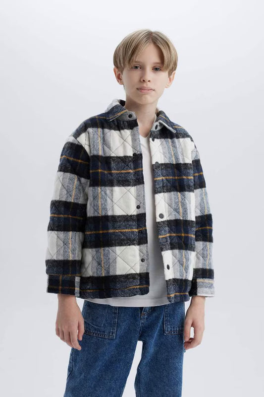 Boy Oversize Fit Polo Neck Flannel Snap Closure Shirt Jacket - -