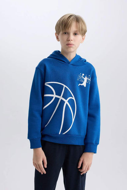Boy Hooded Sports Printed Thick Sweatshirt - -