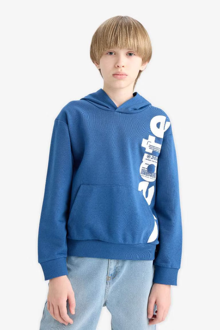 Boy Hooded Kangaroo Pocket Printed Sweatshirt - -
