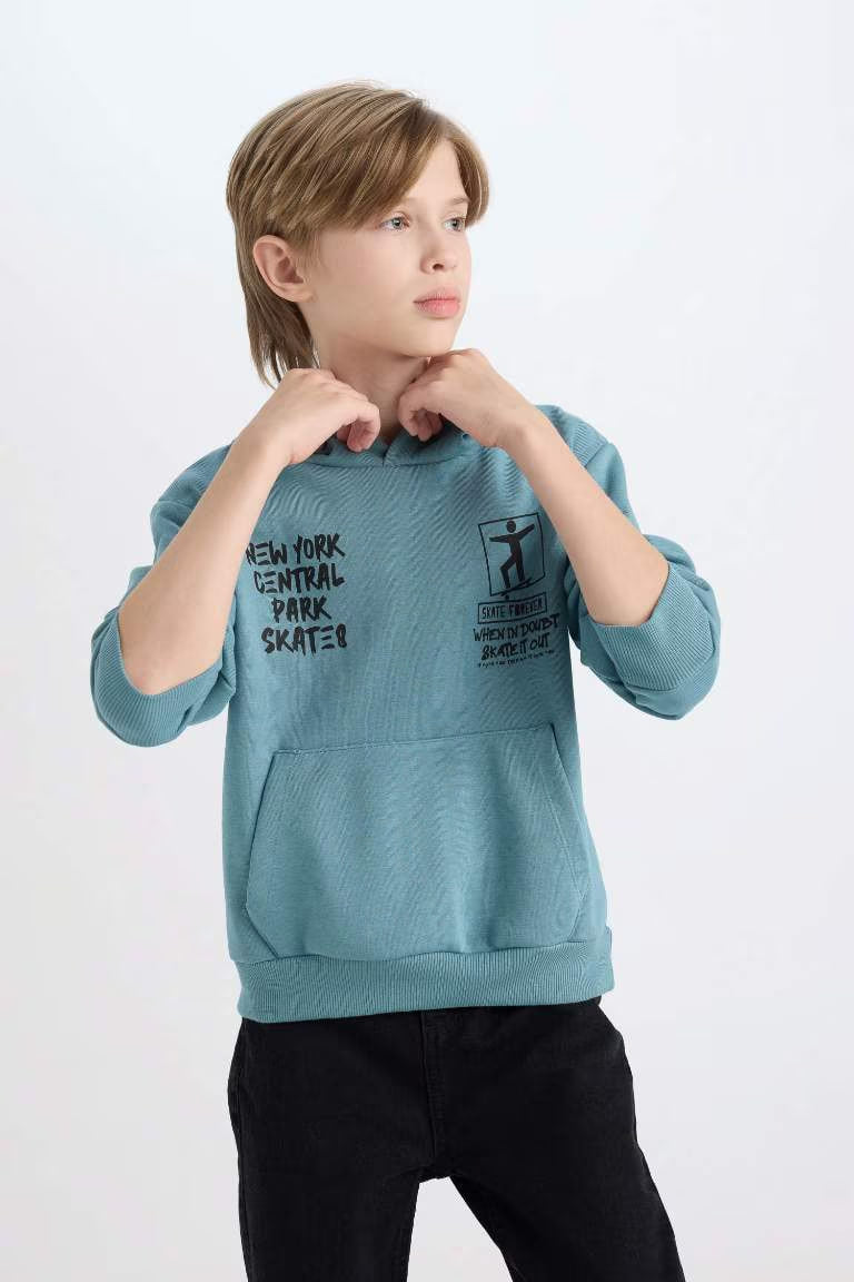 Boy Hooded Back Printed Sweatshirt - - Campus Blue