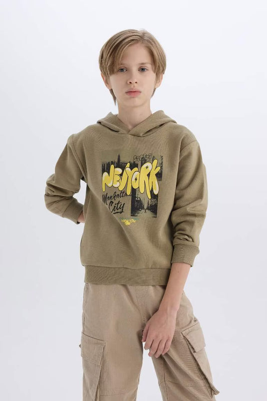 Boy Hooded Printed Thick Sweatshirt - - khaki