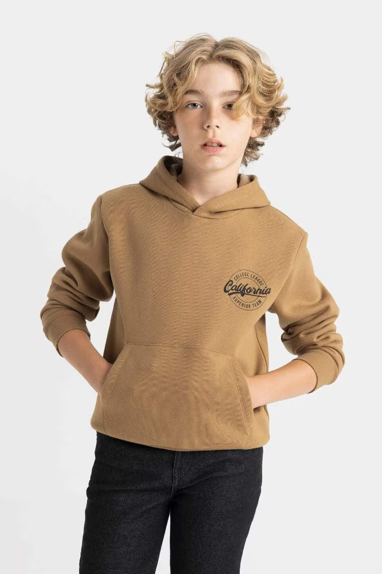 Boy Printed Hooded Thick School Sweatshirt - - Brown
