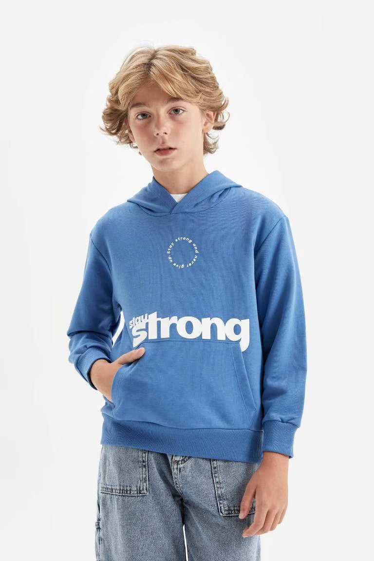 Boy Printed Hooded School Sweatshirt - - Pond blue