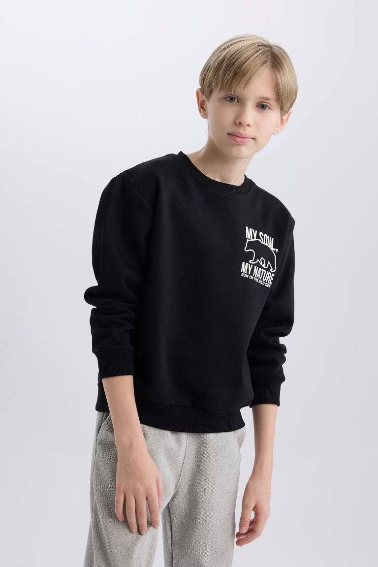 Boy Crew Neck Back Printed Soft Furry Inside Sweatshirt - - Black