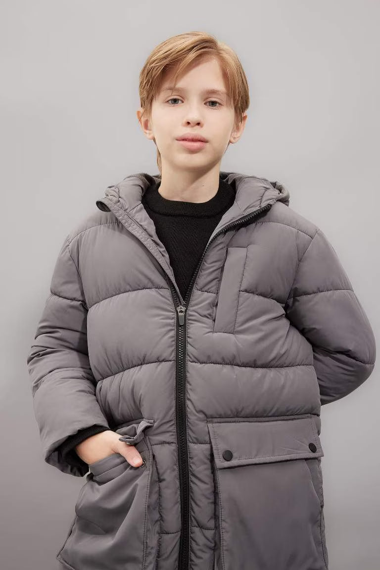 Boy Hooded Zippered Fleece Lined Waterproof Puffer Jacket - - anthracite
